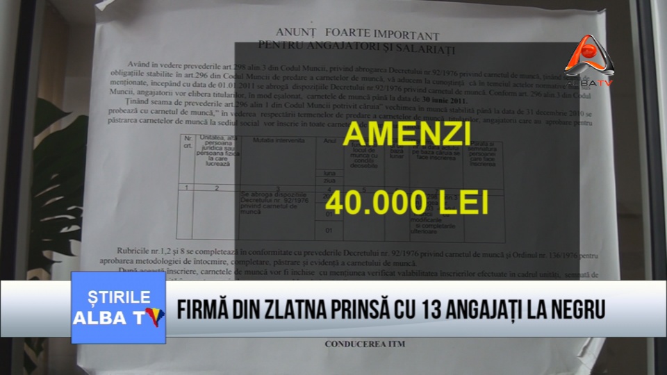 Firma din Zlatna prinsa cu 13 angajati la negru